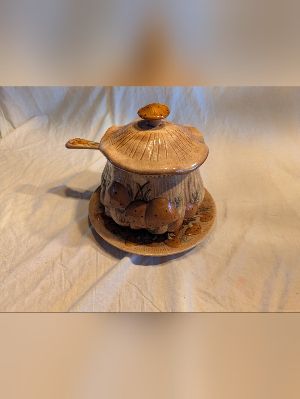 2/100$ Vintage Brown mushroom Ceramic Soup Bowl with spoon and Plate